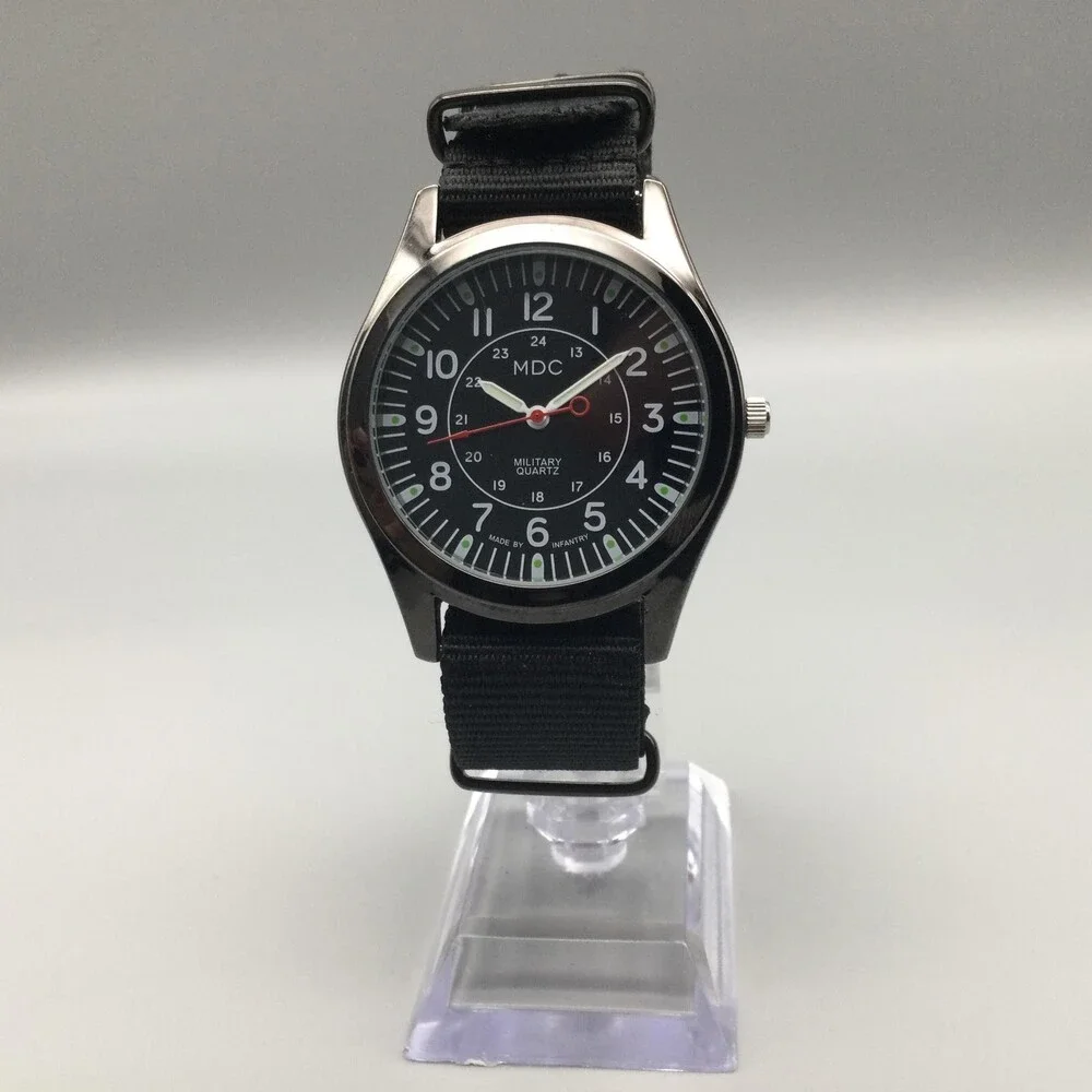 MDC Military Quartz Mens Watch 40mm Black Dial Silver Tone Nylon New Battery